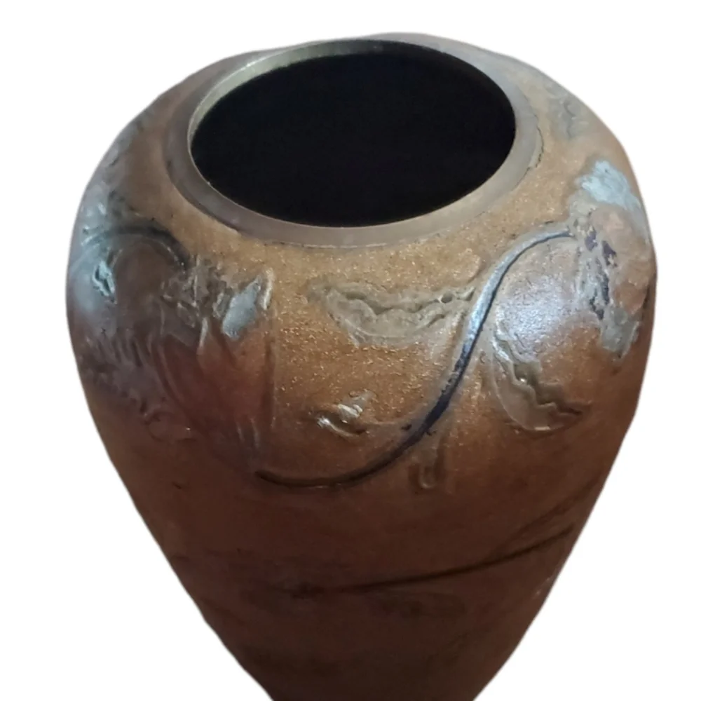 Early Century French Art Brass Vase Flower Pot Raised Design Blue Green Gold